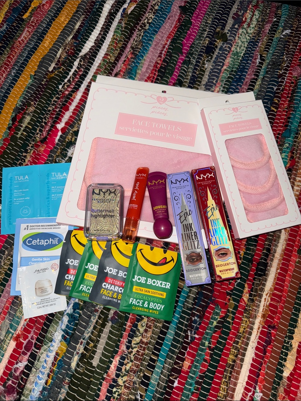 NYX 15pc Makeup Bundle with Pink Face Towels and Colorful Lip & Eye Products